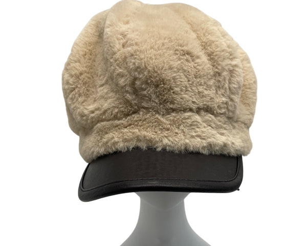 Vintage Inspired Fur Beige Newsboy Cap With Black Faux Leather Brim