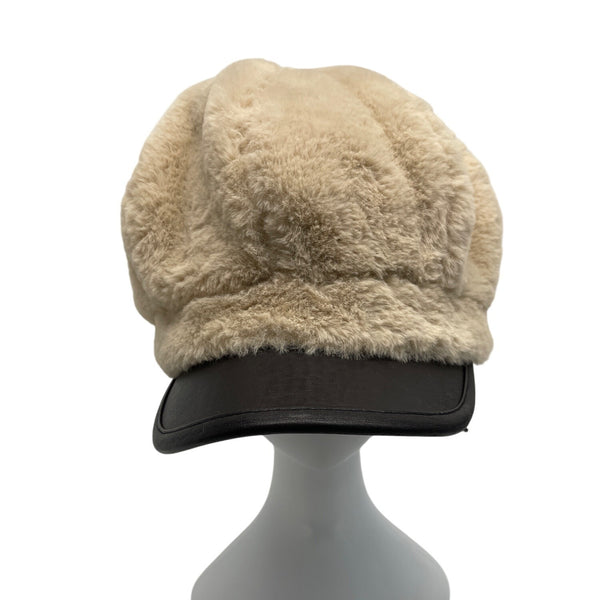 Vintage Inspired Fur Beige Newsboy Cap With Black Faux Leather Brim