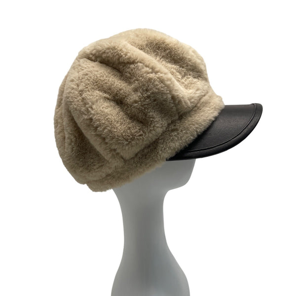 Vintage Inspired Fur Beige Newsboy Cap With Black Faux Leather Brim
