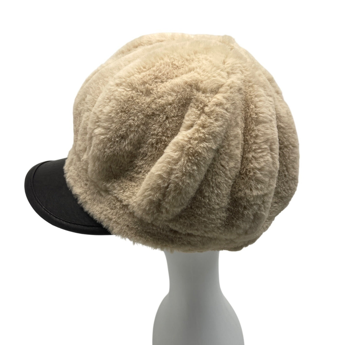 Vintage Inspired Fur Beige Newsboy Cap With Black Faux Leather Brim