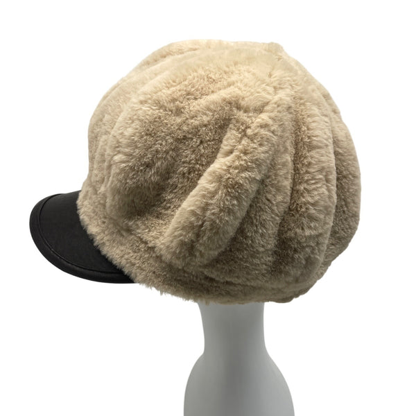Vintage Inspired Fur Beige Newsboy Cap With Black Faux Leather Brim