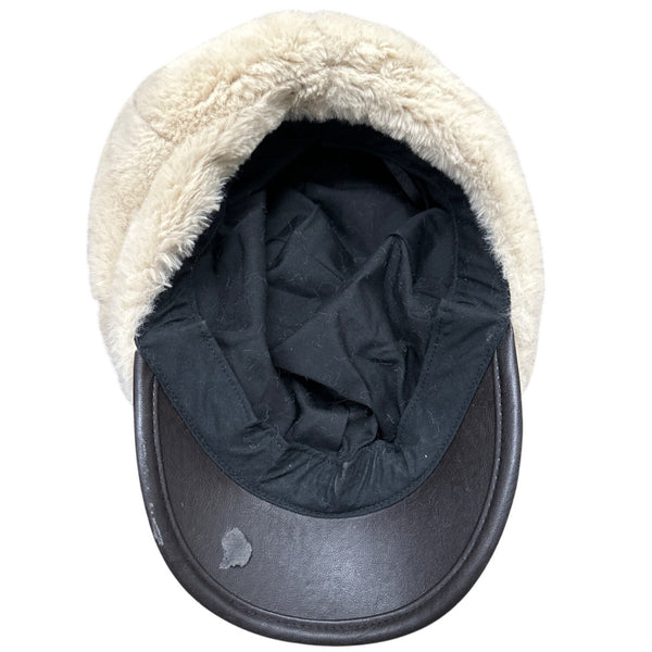 Vintage Inspired Fur Beige Newsboy Cap With Black Faux Leather Brim