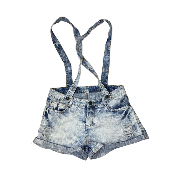 Acid Wash Denim Women's Suspender Shorts Pockets & Distressed Details Sz P