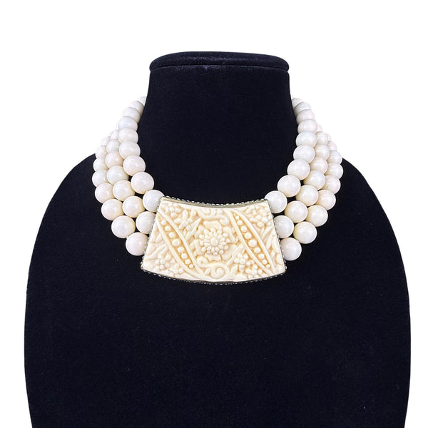 Vintage Ornate Cream Beaded Necklace With Intricate Centerpiece Adjustable Length