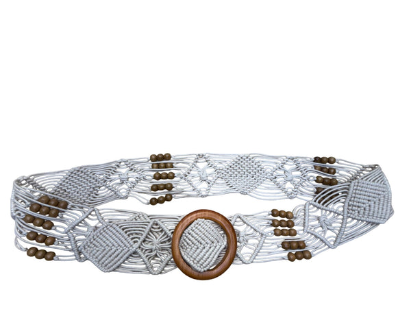 Vintage Tan Macrame Belt With Wooden Beads & Round Buckle Handmade Lightweight