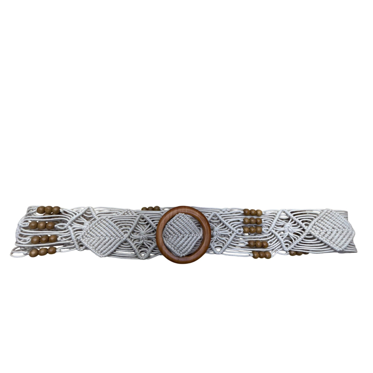 Vintage Tan Macrame Belt With Wooden Beads & Round Buckle Handmade Lightweight
