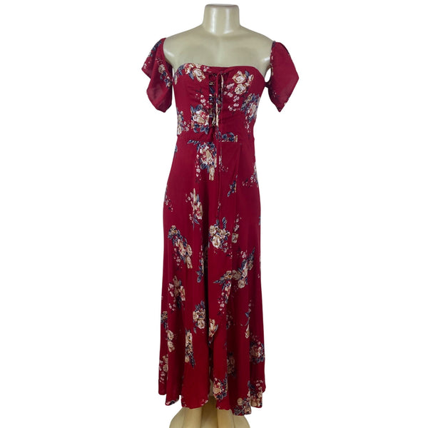 Band Of Gypsies Womens Red Floral Lace-Up Maxi Dress Off Shoulder Sz M - New