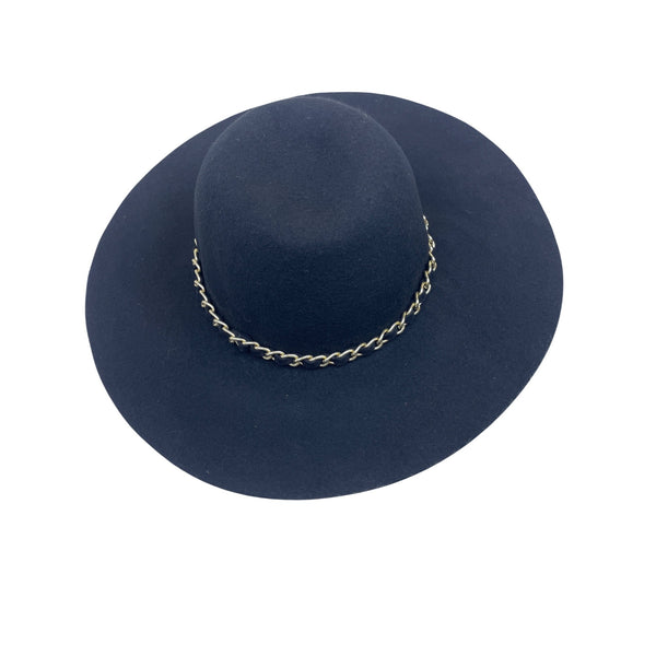 Felt Large Floppy Hat With Chain Accent Black 100% Wool Wide Brim Casual Style