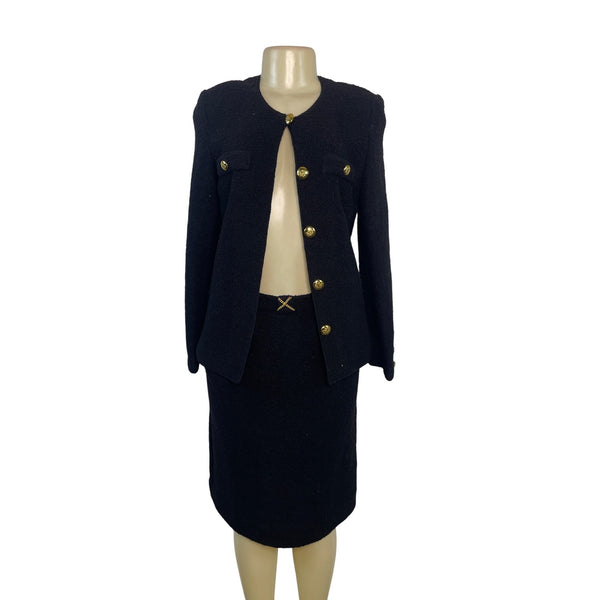 Vintage Black Bouclé Skirt Suit With Gold Button Details