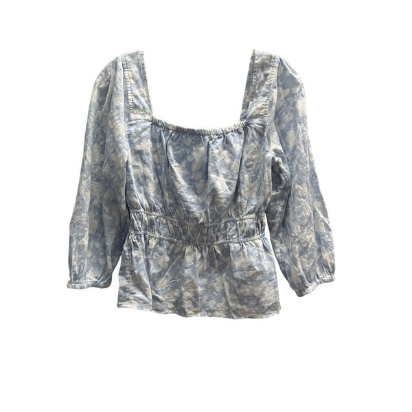 Free Assembly Womens Blue Floral Smocked Waist Peasant Top 100% Cotton Size S