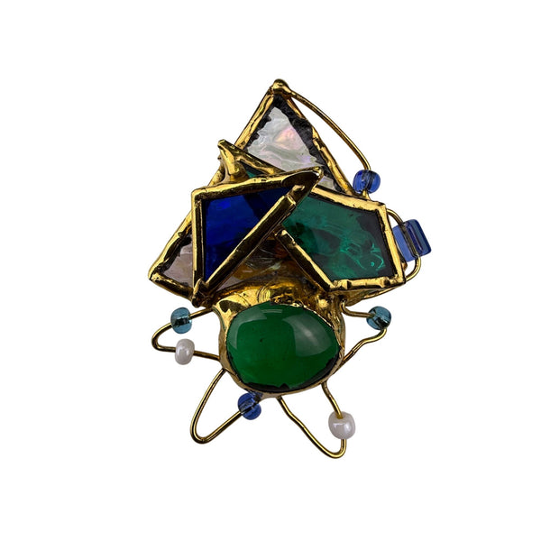 Abstract Gold Tone & Multicolor Glass Brooch Artistic Pin Unique Design
