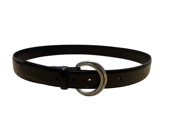 Brighton Black Faux Leather Belt With Silver Rhinestone Buckle Embossed Design