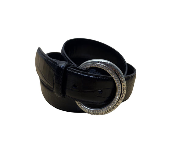 Brighton Black Faux Leather Belt With Silver Rhinestone Buckle Embossed Design