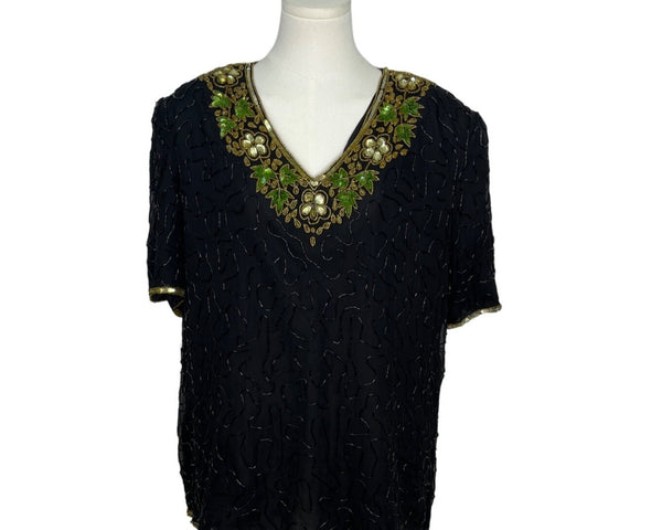 Vintage Stenay Black Silk Beaded Top With Embroidered Accents Sz 2X