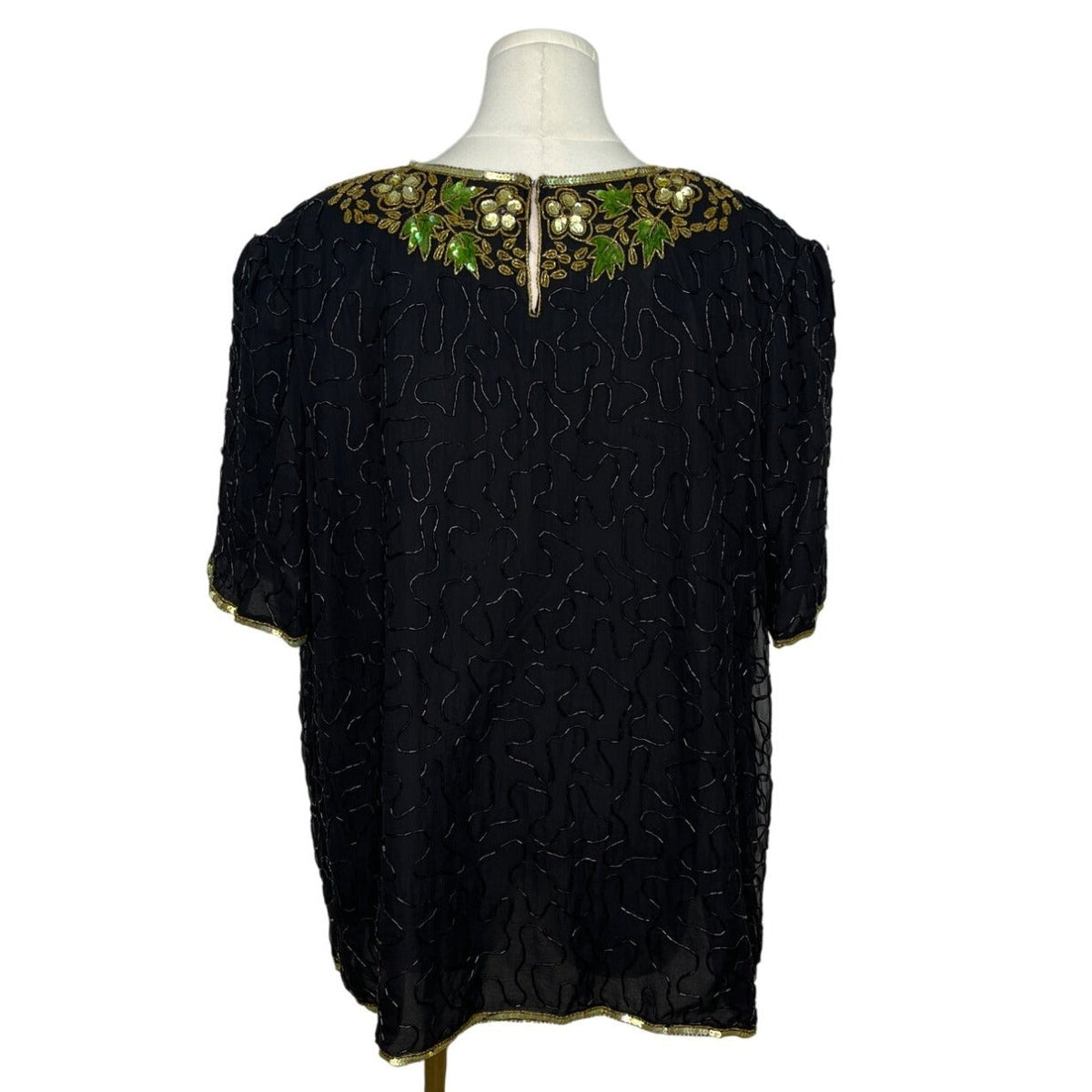 Vintage Stenay Black Silk Beaded Top With Embroidered Accents Sz 2X