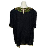 Vintage Stenay Black Silk Beaded Top With Embroidered Accents Sz 2X
