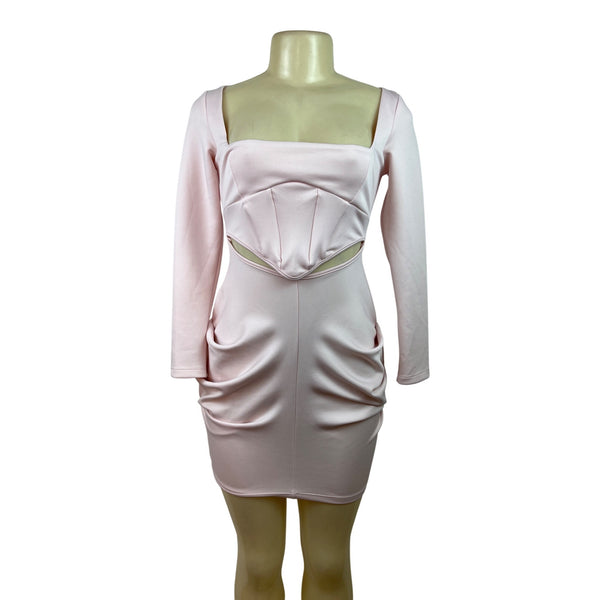 Asos Design Petite Pink Long Sleeve Mini Dress With Corset Detail & Cutout Sz 4P