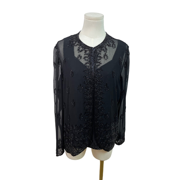 Jkara New York Black Beaded Sheer Long Sleeve Cardigan & Sleeveless Tank Set Sz M