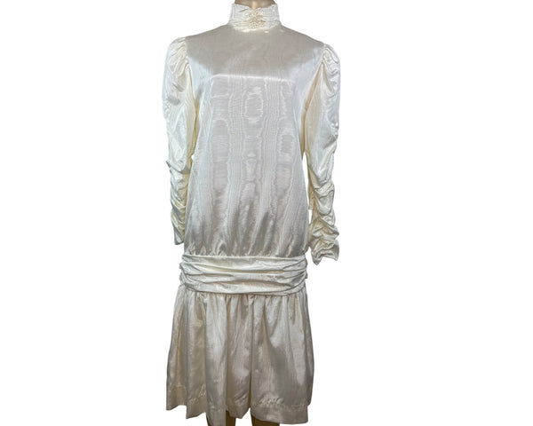 Vintage Stephanie’s Child White Satin Long Sleeve Dress With High Neck Sz 14