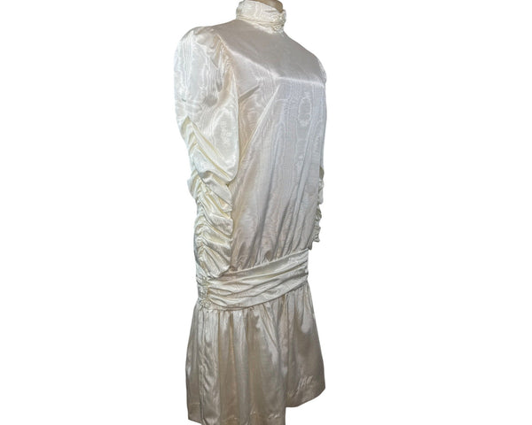 Vintage Stephanie’s Child White Satin Long Sleeve Dress With High Neck Sz 14