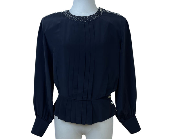 Vintage Chaus Black Women's Embellished Beaded Blouse Long Sleeve Size 6