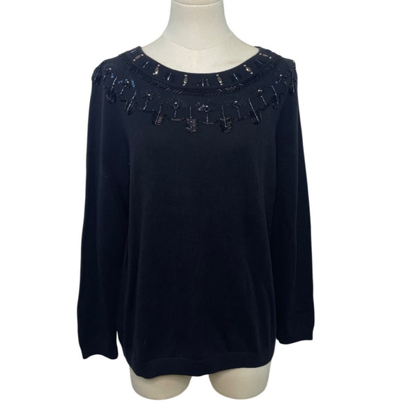 Talbots RSVP Embellished Black Sweater Sz Lp Womens Beaded Neckline Cotton Blend