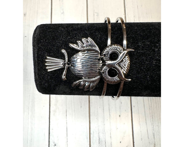 Vintage Silver Tone Owl Cuff Bracelet