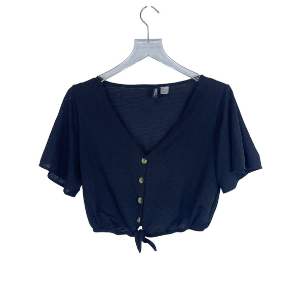 H&M Divided Womens Black Tie-Front Button Down Short Sleeve Crop Top Size M
