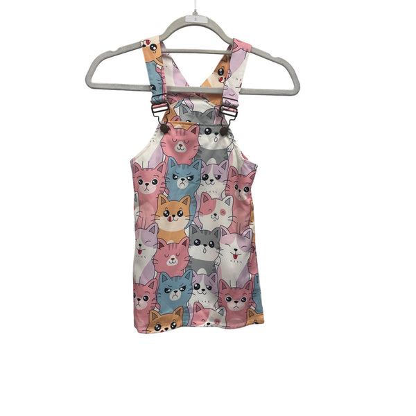 Girls Cat Print Sleeveless Overall Top Adjustable Straps Pastel Colors Cute Casual Wear