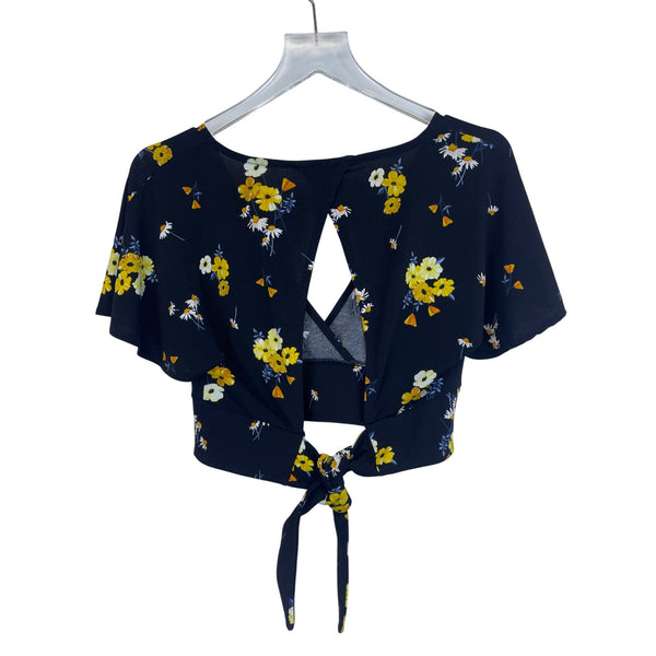 H&M Womens Navy Floral Print Open Back Tie Crop Top Medium