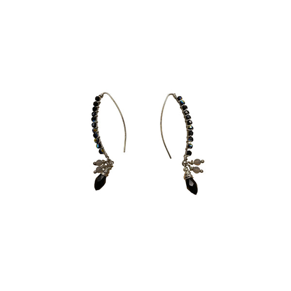 Handcrafted Silver Wire Black Crystal Earrings With Teardrop Charm & Iridescent Beads
