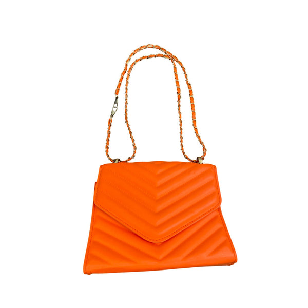 Orange Quilted Chain Strap Shoulder Bag Faux Leather Chevron Pattern Compact Design
