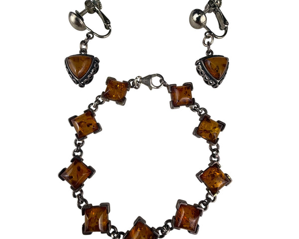 Vintage Amber & Silver Tone Bracelet With Matching Clip-On Earrings Set