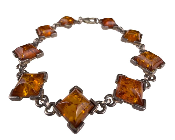 Vintage Amber & Silver Tone Bracelet With Matching Clip-On Earrings Set