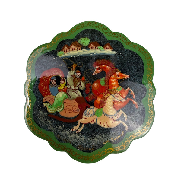 Hand-Painted Vintage Russian Lacquer Brooch Green Black Scalloped Scene Pin