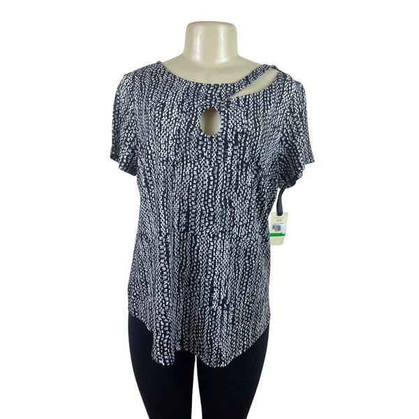 E-Maline Womens Black & White Abstract Print Keyhole Top Short Sleeve Sz L - New