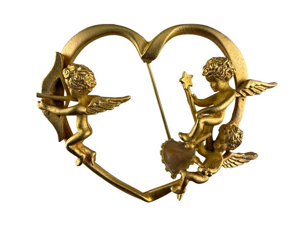 Vintage Cherub Brooch Heart Pin Gold Tone Romantic Design Charming Accessory