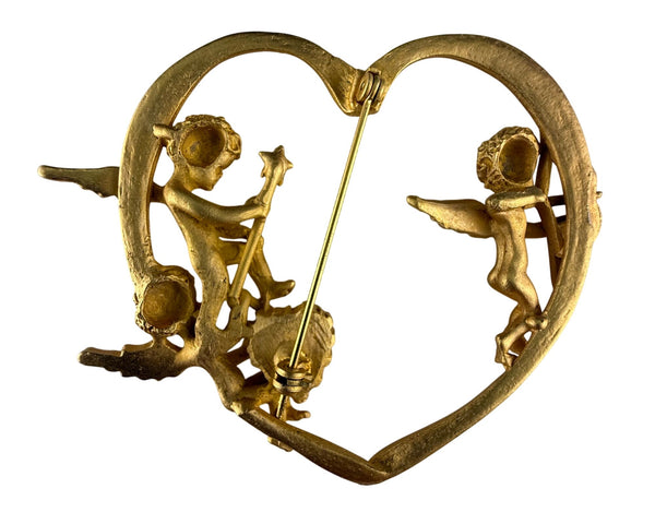 Vintage Cherub Brooch Heart Pin Gold Tone Romantic Design Charming Accessory