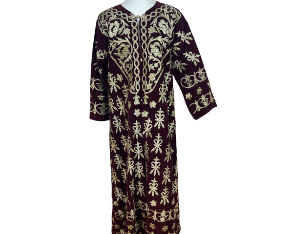 Vintage Women’s Velvet Burgundy & Gold Tone Embroidered Kaftan Dress