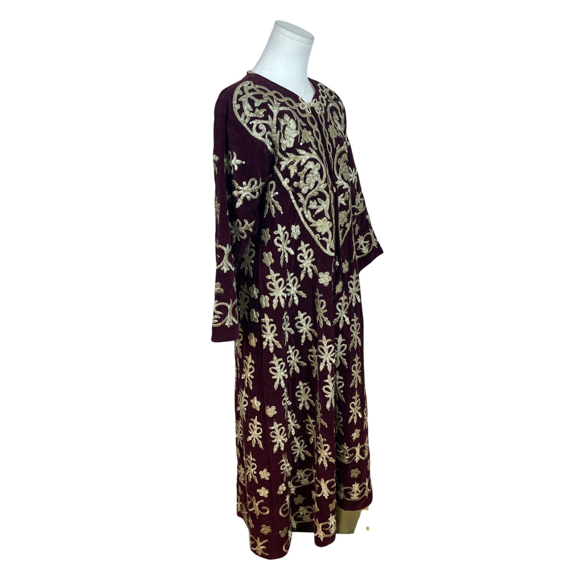 Vintage Women’s Velvet Burgundy & Gold Tone Embroidered Kaftan Dress