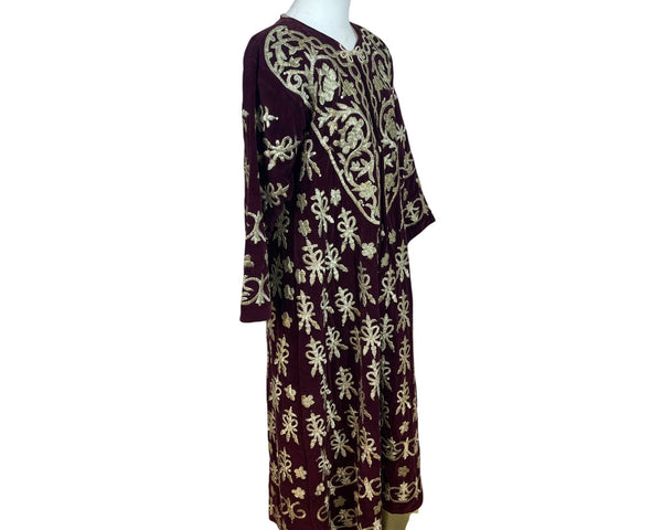 Vintage Women’s Velvet Burgundy & Gold Tone Embroidered Kaftan Dress
