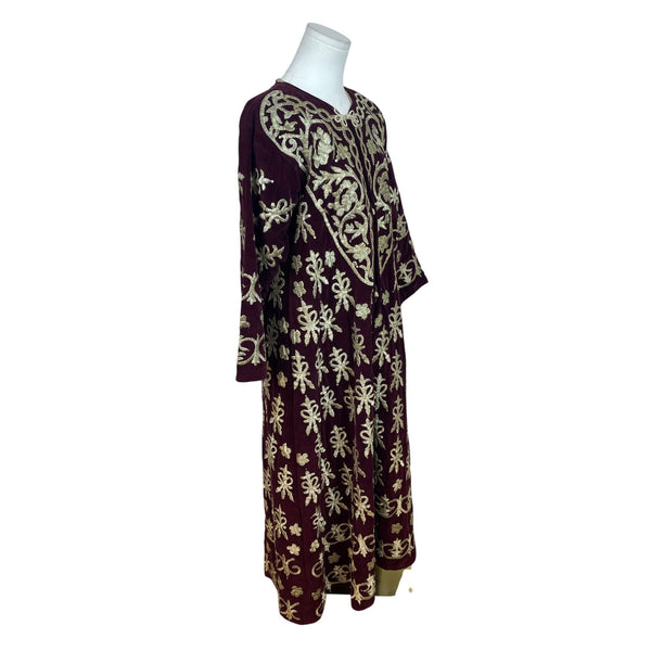 Vintage Women’s Velvet Burgundy & Gold Tone Embroidered Kaftan Dress