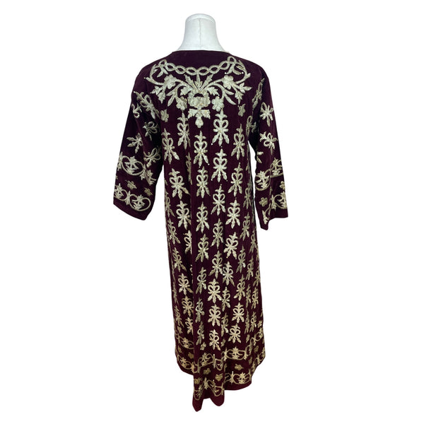 Vintage Women’s Velvet Burgundy & Gold Tone Embroidered Kaftan Dress