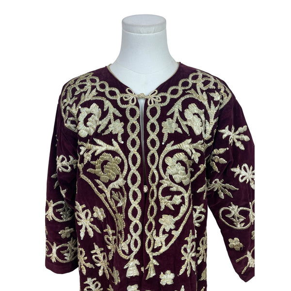 Vintage Women’s Velvet Burgundy & Gold Tone Embroidered Kaftan Dress