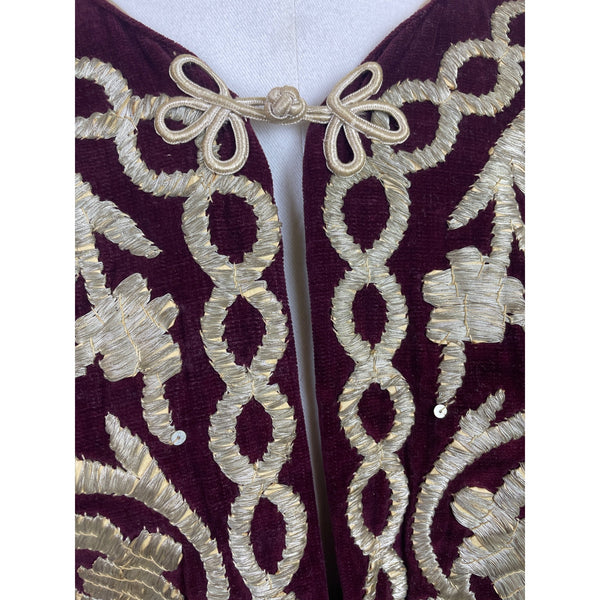 Vintage Women’s Velvet Burgundy & Gold Tone Embroidered Kaftan Dress