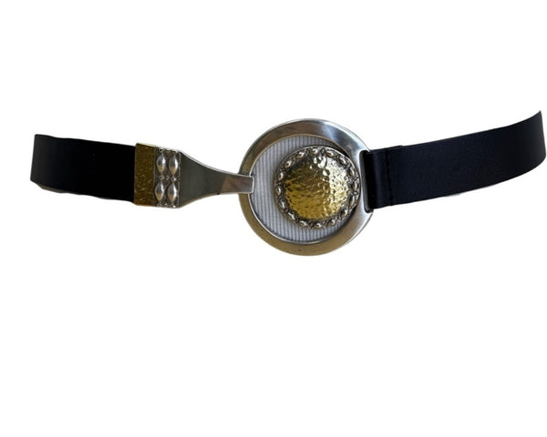 Chicos Black Leather Belt With Gold & Silver Textured Buckle Design Size L