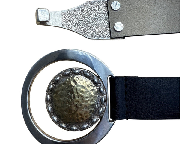 Chicos Black Leather Belt With Gold & Silver Textured Buckle Design Size L