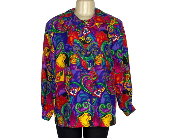 Vintage Givenchy Women's Multicolor Abstract Heart Button-Down Blouse Sz 14W