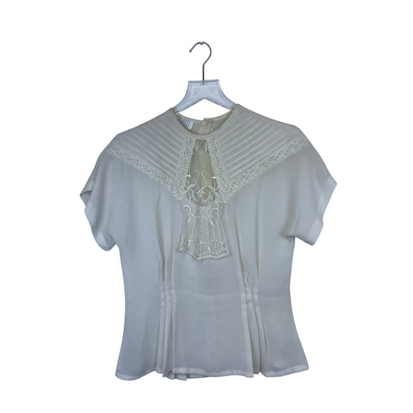 Glances Womens Ivory Sheer Embroidered Button-Back Blouse Size 10