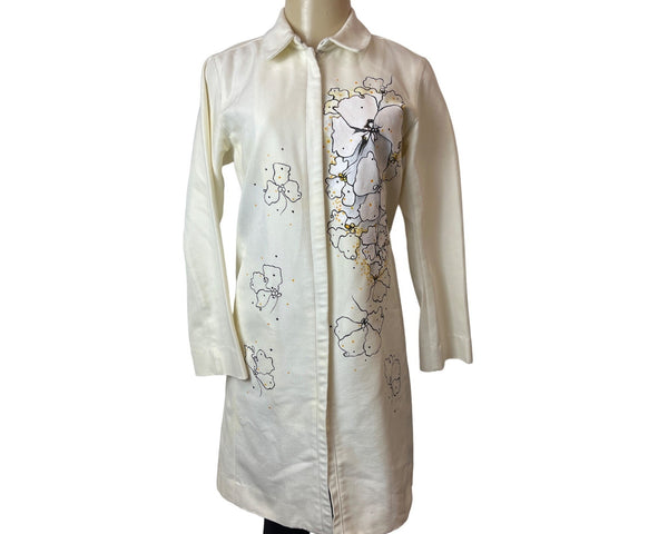 DKNY Jeans Floral Print White Long Sleeve Coat Sz Petite S